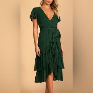 Dark Green Faux Wrap Midi Dress, Dots and Ruffles — NEVER WORN